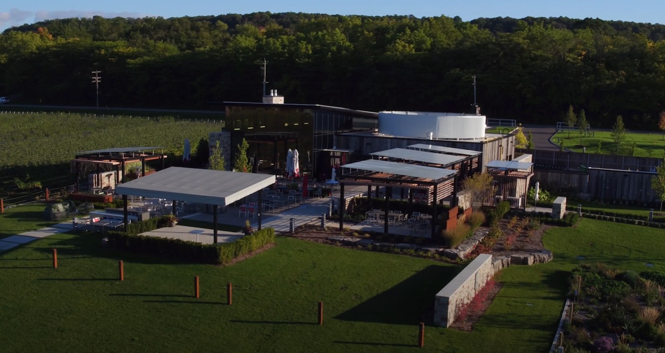 Aerial view of professionally landscaped property with patios and gardens in Brea, CA